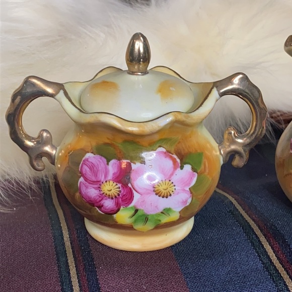 . Vintage Fresco Sugar Bowl & Creamer Set - Hand Painted Floral Pattern Set - Picture 3 of 11
